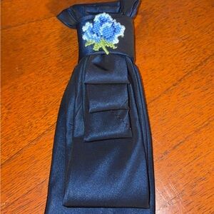 Elegant navy blue  handmade Tie with Blue Floral Embroidery.
